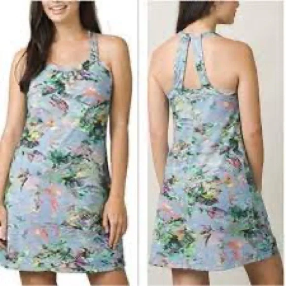 Prana Cantine Dress Blue Graceful Stretch Halter Double Strap back Round Neck XS - Picture 1 of 16